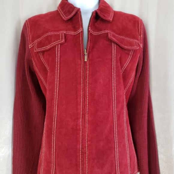 NWOT Coldwater Creek red suede leather & wool zip up jacket Womens 12 - Picture 6 of 8